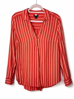 New Directions Red Coral Striped Collared Split Neck Popover Tunic Blouse Shirt